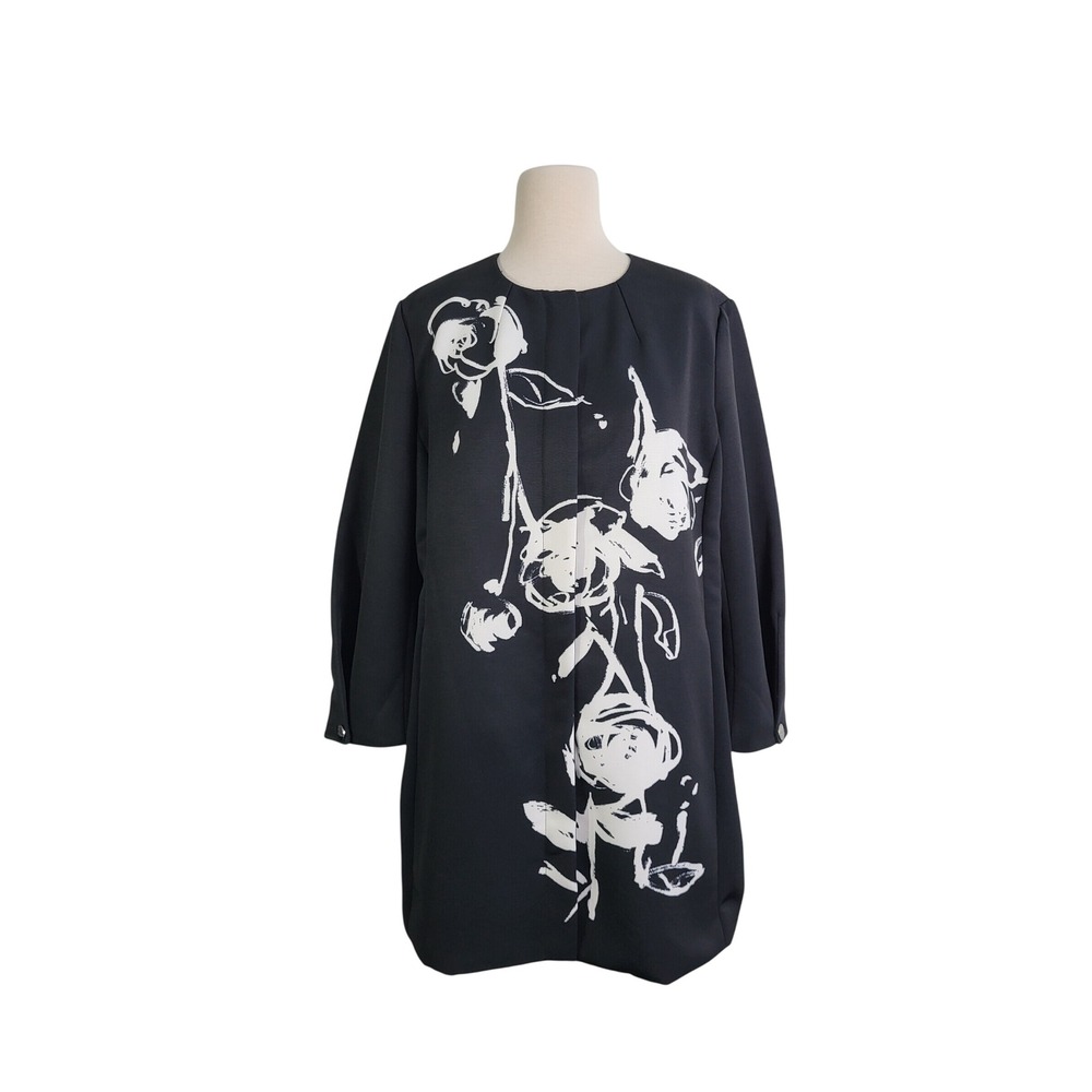Chico's Longline Jacket Women 3 XL 16/18 Black White Floral Zip Up Art to Wear